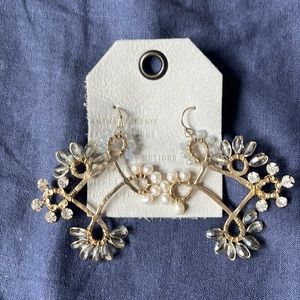 Anthropologie gold blue grey crystal and pearl holiday earrings nwt